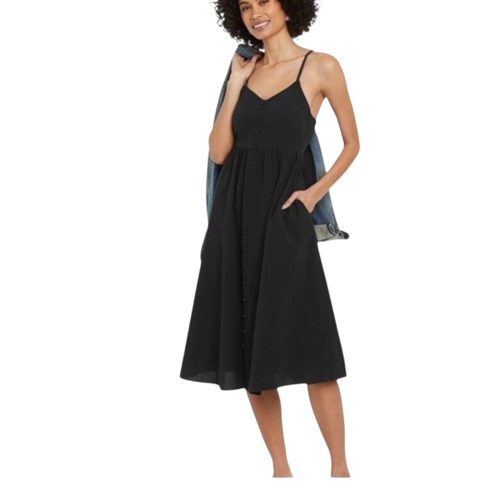 Elegant Linen Blend Button Front Black Dress With Open Back Size S